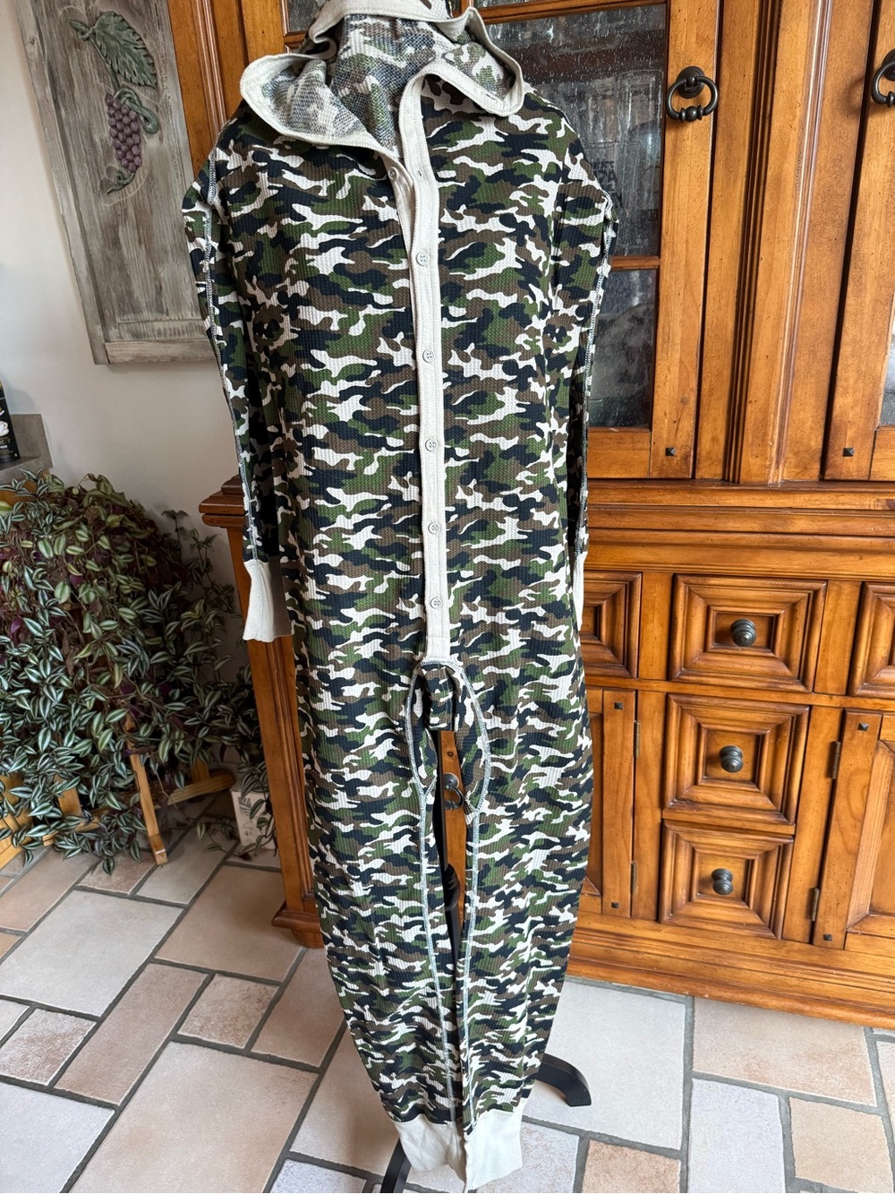 Hanes Camo Hooded Full-Length Jumpsuit in Green, Black, White